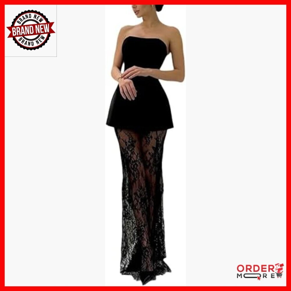 Strapless Peplum Crop Top Sheer Lace Maxi Skirt Set Size Medium Polyester